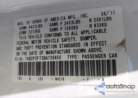 2011 Honda Accord 2.4 Ex from USA, damaged, VIN 1HGCP2F72BA136850